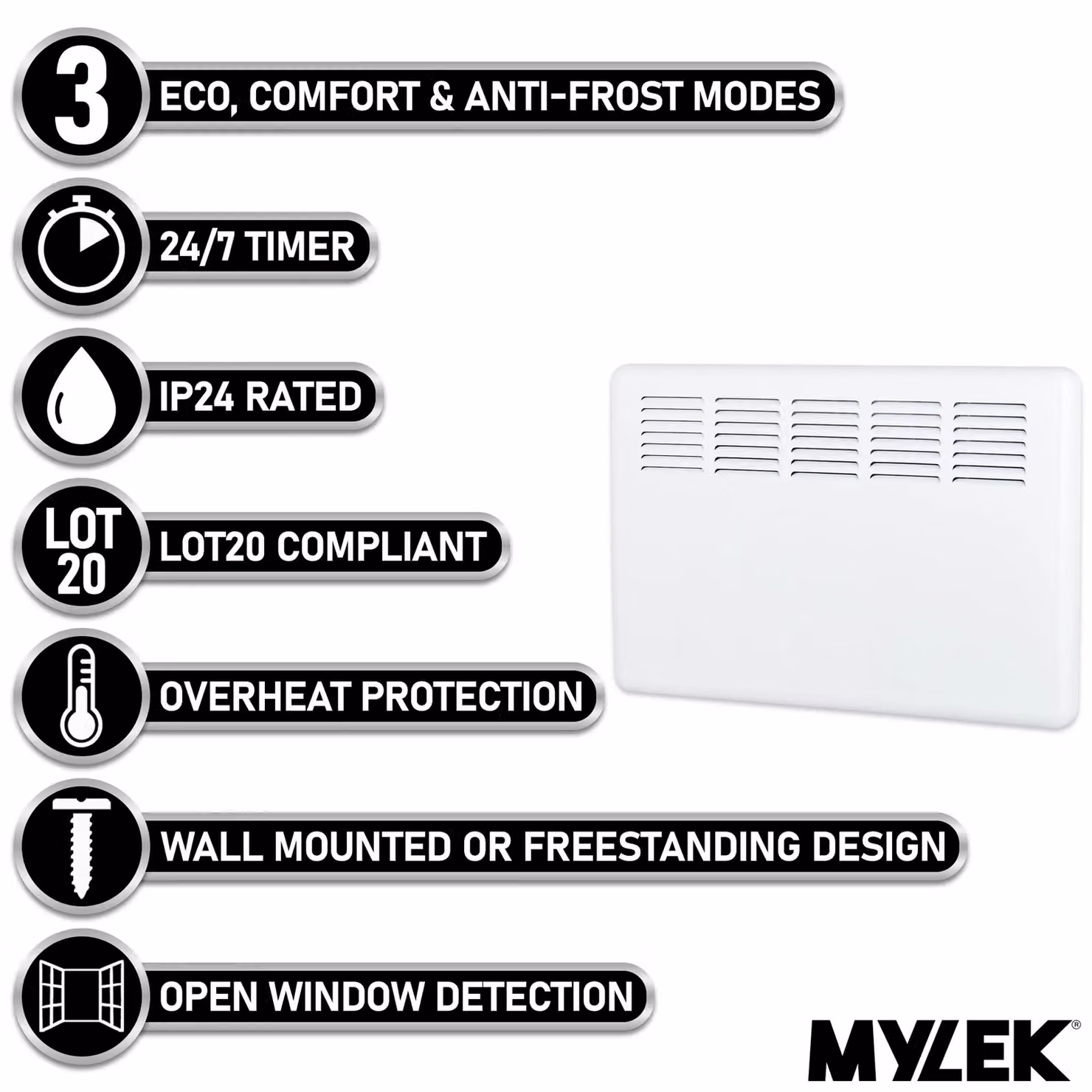 MYLEK Smart App Wifi Electric Convector Panel Heater with 24/7 Timer, 1.5kW, White – 2