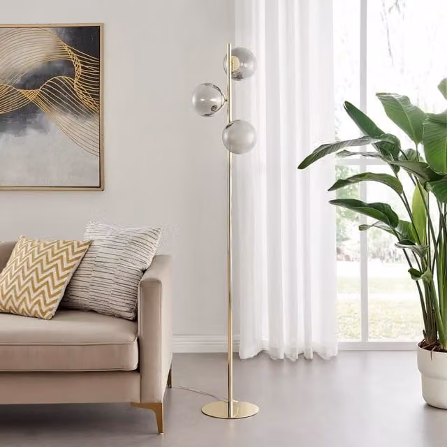 FurnitureboxUK Lazio Art Deco Tree Floor Lamp in Gold with 3 Smoked Glass Globes – 1