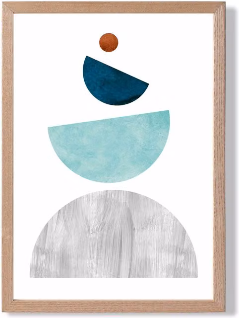 ARTZE Mid Century Geometric Framed Print, Grey, Teal and Petrol Abstract Circles Design with Oak Wood Frame, Size: A2