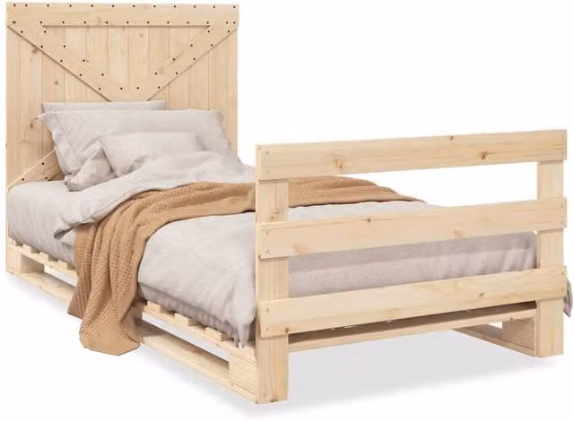 Berkfield Home Solid Wood Pine Bed Frame with Headboard in Natural, W/D/H: 100 x 200 x 104 cm