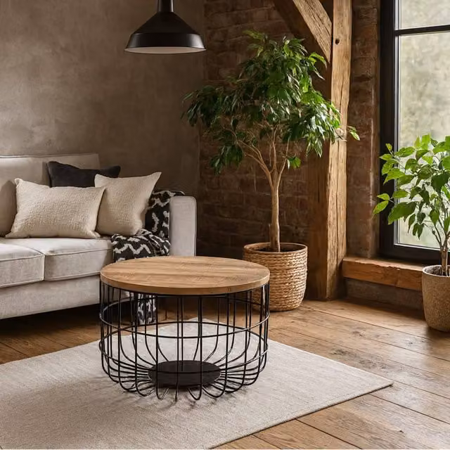 Wyld Haus California Round Solid Mango Wood Coffee Table with Black Metal Wire Base in Brown
