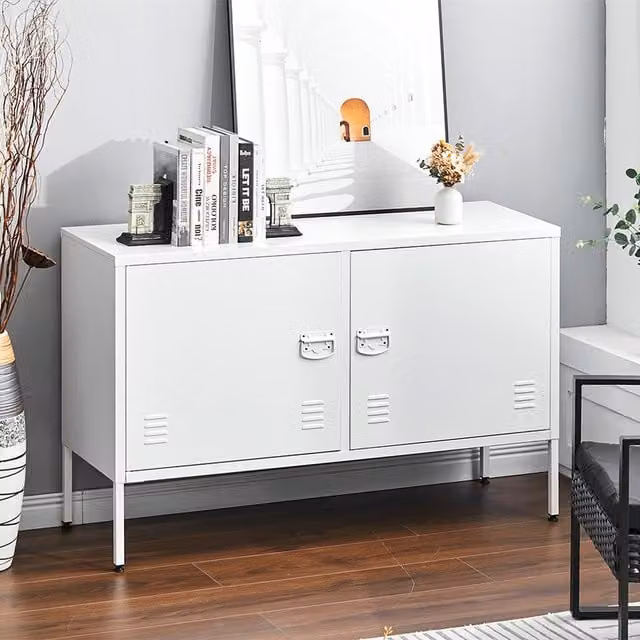 Livingandhome Modern White Metal High-Leg Sideboard with Adjustable Shelves