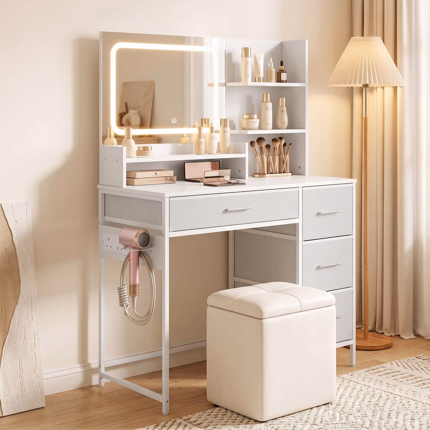 HOMCOM White Modern Dressing Table with 3-Colour LED Mirror, Power Outlet, USB Charging Port, 4 Drawers and 5 Shelves – 2