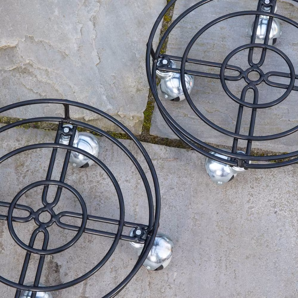 Samuel Alexander Pack of 2 Black Metal Garden Plant Pot Trolleys with Castor Wheels, Diameter: 32 cm – 3