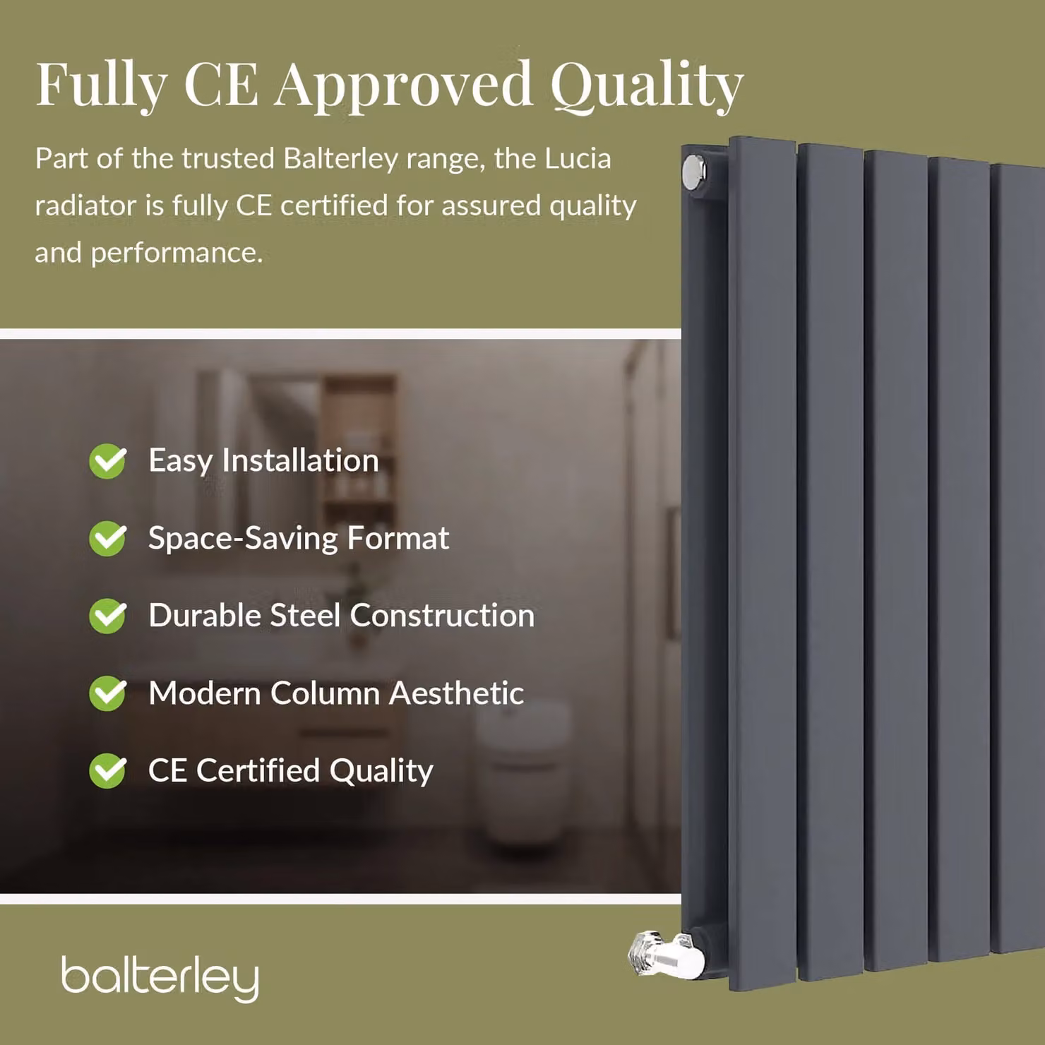 Balterley Lucia Square Horizontal Double Panel Radiator, Grey Anthracite, H: 1398 mm, W: 600 mm, D: 60 mm – 3