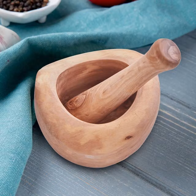 Orsina Kora Round Wooden Mortar and Pestle in Natural Brown – 1