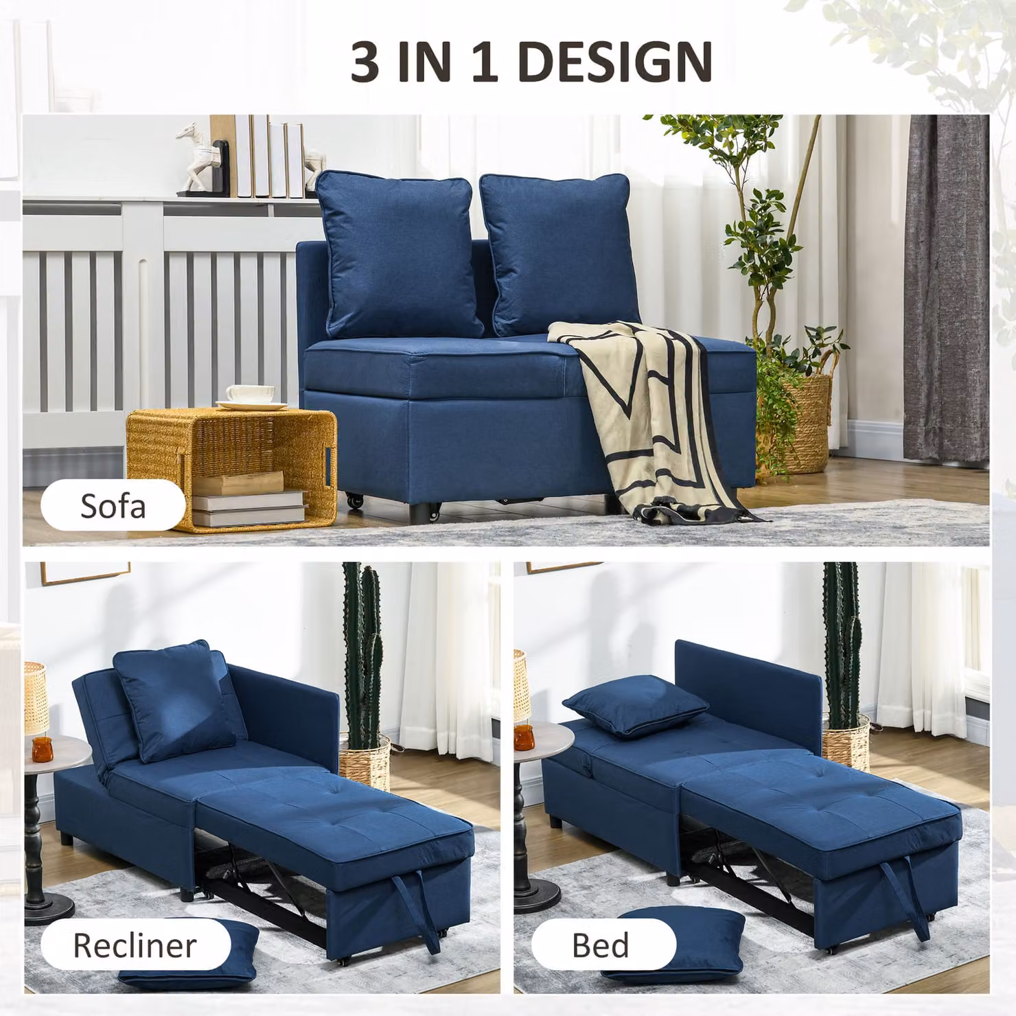 HOMCOM 3-in-1 Single Sofa Bed in Blue with 5-Position Adjustable Back and Removable Washable Pillow – 4