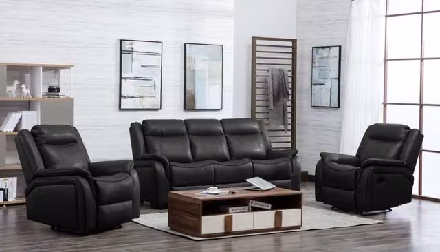 Furnishings For Less UK New Hampshire 3 Piece Sofa Suite with 2 Reclining Armchairs in Black Leatherair Synthetic Leather – 1