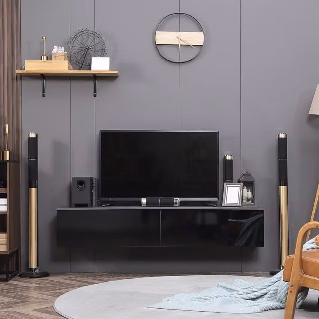 HOMCOM Modern Wall Mounted TV Stand Unit with High Gloss Effect and Hinged Doors in Black and Grey – 1