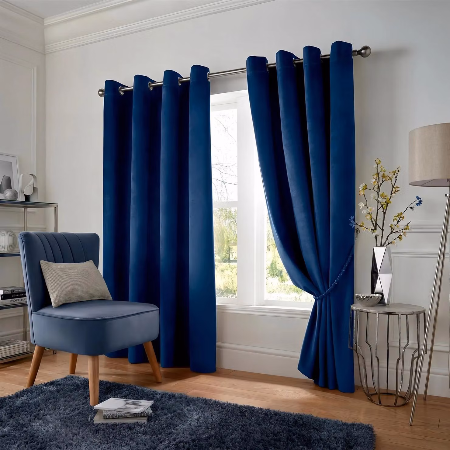 Alan Symonds Blue Velvet Blackout Eyelet Curtains Pair, W: 168 cm, Drop: 229 cm – 2