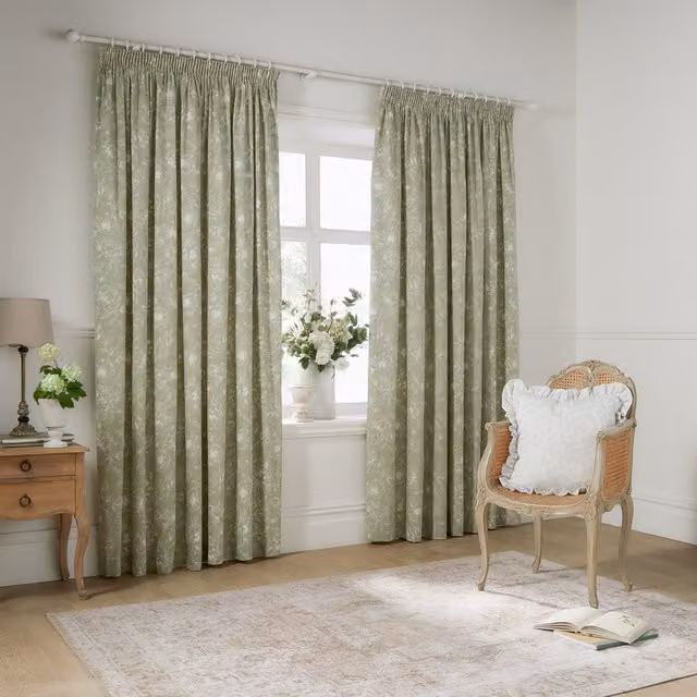 Make It A Home Bella Floral Pencil Pleat Curtain Pair in Green, W: 183 cm, H: 229 cm