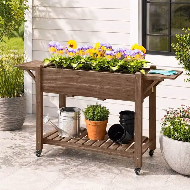 STILVORA Brown Lacquered Wooden Raised Planter with Shelves and Wheels, H 86 x W 52 x D 46 cm – 1