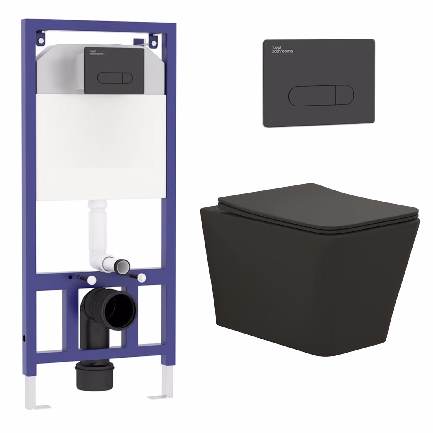 Royal Bathrooms Elena Matt Black Wall Hung Rimless Ceramic Toilet with Slim Soft Close Seat and Aqua Black Plate Wall Hung Frame
