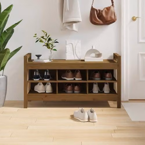 vidaXL Hall Bench and Shoe Rack in Honey Brown Solid Pine Wood, W: 110 cm, D: 40 cm, H: 60 cm – 2