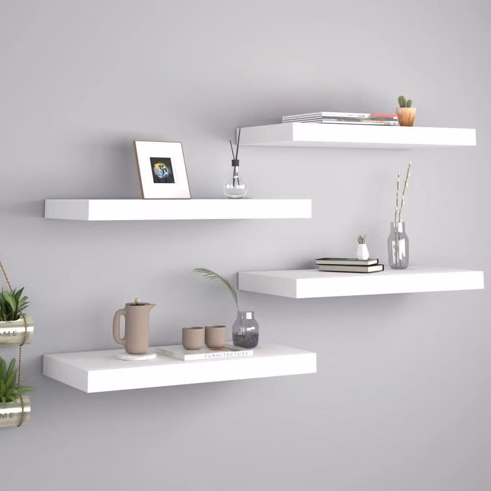 Berkfield Home Set of 4 Durable White MDF Floating Wall Shelves, W: 50 cm, D: 23 cm, H: 3.8 cm – 2