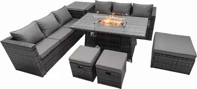 Fimous 9 Seater Rattan Garden Furniture Firepit Dining Set with Lounge Sofa, Table, Side Table and 3 Footstools in Dark Grey – 1