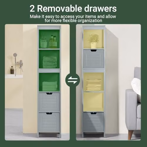 SoBuy Slim Tall Bathroom Storage Cabinet in Grey with 3-Tier Shelves and 2 Drawers, W/D/H: 30 x 30 x 144 cm – 2