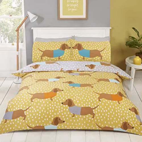 Rapport Home Dolly Dachshund Reversible Duvet Cover and Pillowcase Set, Yellow and Grey, Duvet Cover: 200 x 200 cm, Pillowcase: 50 x 75 cm