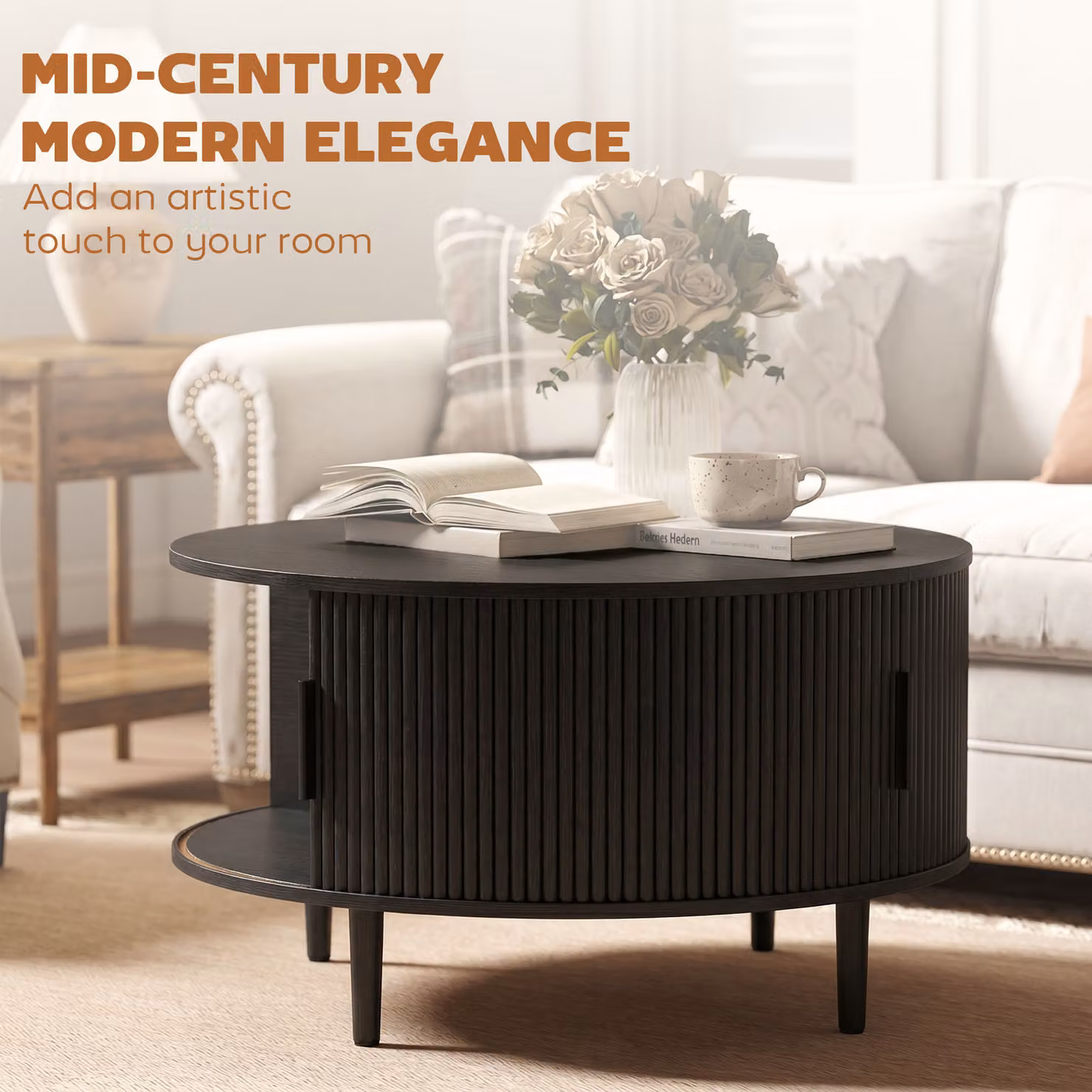 HOMCOM Round Coffee Table with Lift Top and Hidden Storage, Black Wood Effect, Diameter: 80 cm – 5