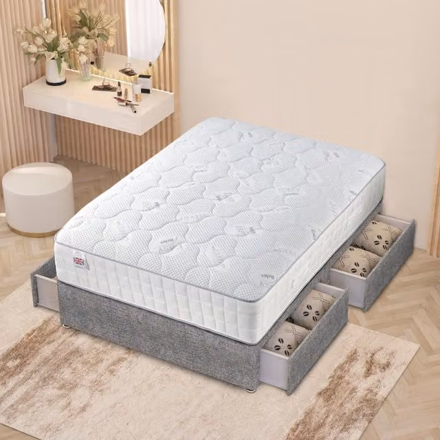 Somnior Beds Ltd Grey Upholstered Fabric Divan Bed with Hybrid Memory Foam Pocket Spring Mattress and Drawers W/D/H: 200 x 200 cm
