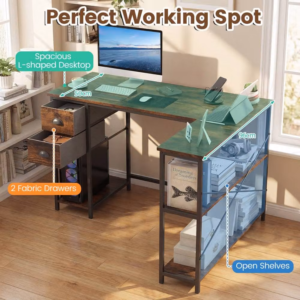 Gymax L Shaped Corner Desk with Charging Station and Cable Management, Brown – 8