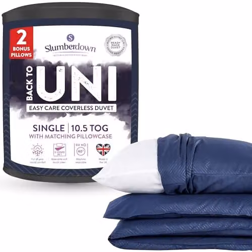Slumberdown Back to Uni Single Bed Set with 10.5 Tog Coverless Duvet, 2 Pillows and Matching Pillowcase in Navy Blue Herringbone