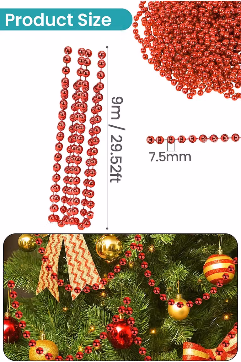 Neel Blue 9m Metallic Christmas Bead Chain with Red and Blue Shiny Pearl Garland