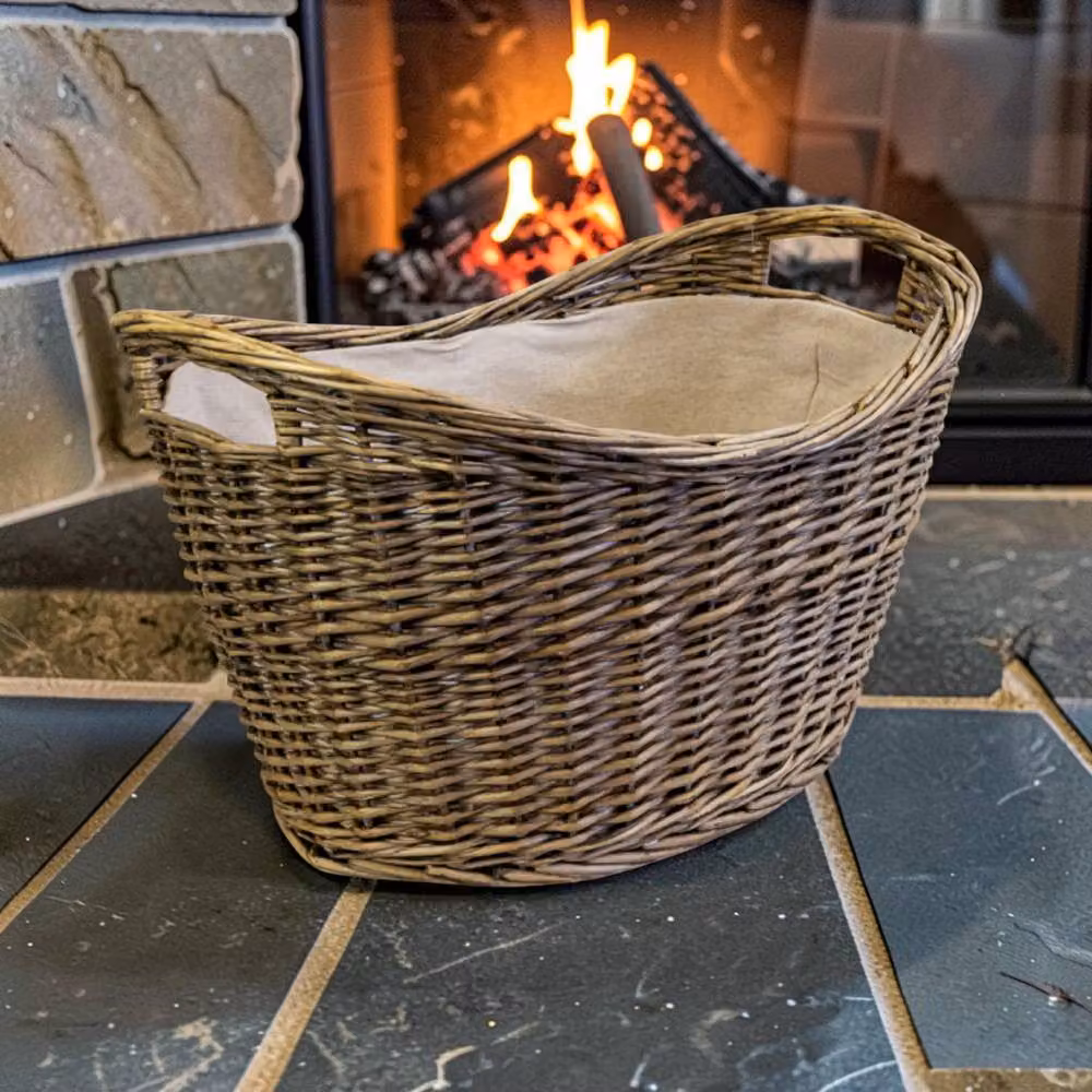 Four Candle Grey and Brown Willow Oval Scooped Log Basket with Hessian Liner and Handles – 2
