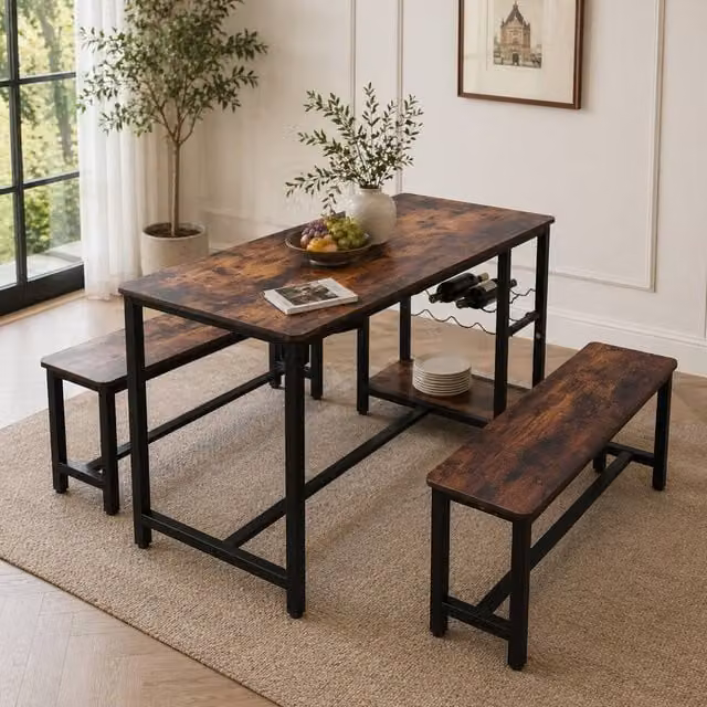 Abrihome Industrial Dining Table and Bench Set in Brown for 4 People – 1
