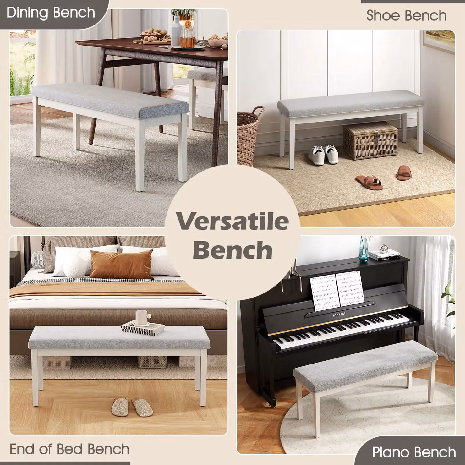 Gymax Modern Upholstered Linen Dining and Shoe Bench in Grey – 3