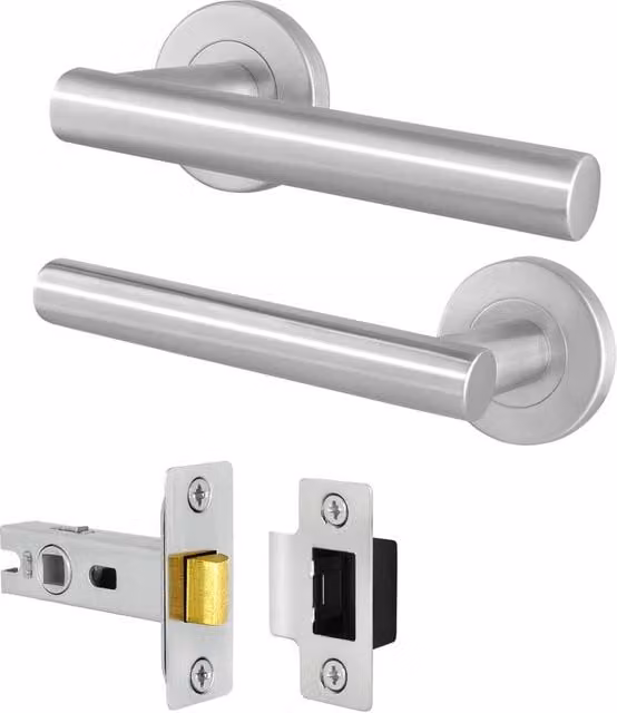 AFIT Satin T-Bar Lever on Rose Door Handles and Latch Kit in Silver Stainless Steel, W/D/H: 150 x 150 x 15 mm