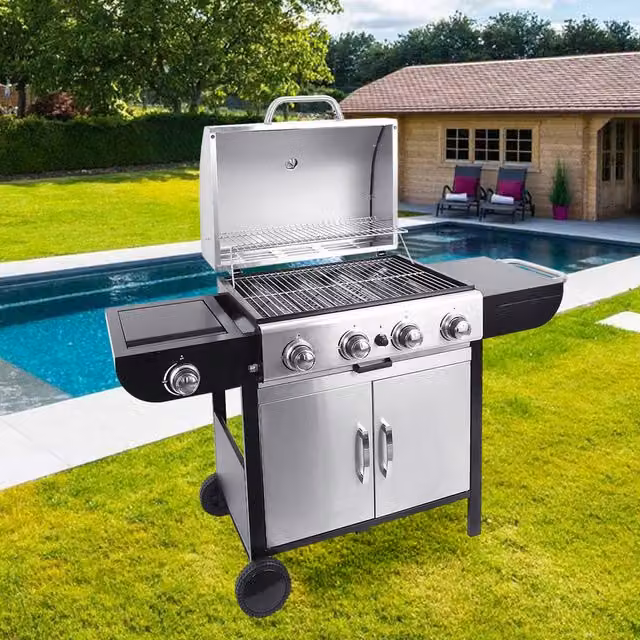 Livingandhome Outdoor Gas BBQ Grill Trolley with Side Shelf and Warming Rack in Silver and Black