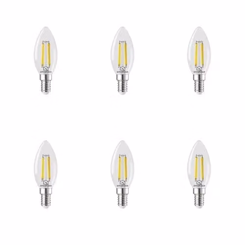 SYLVANIA Toledo Platinum RT LED Filament Candle Light Bulb, E14, Warm White 2700K, Transparent, Pack of 6