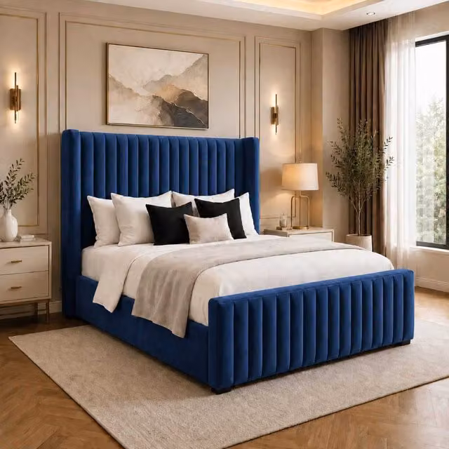 Bellora Blue Velvet Upholstered Bed with Tall Headboard and Footboard by K Mehmood Enterprise Ltd