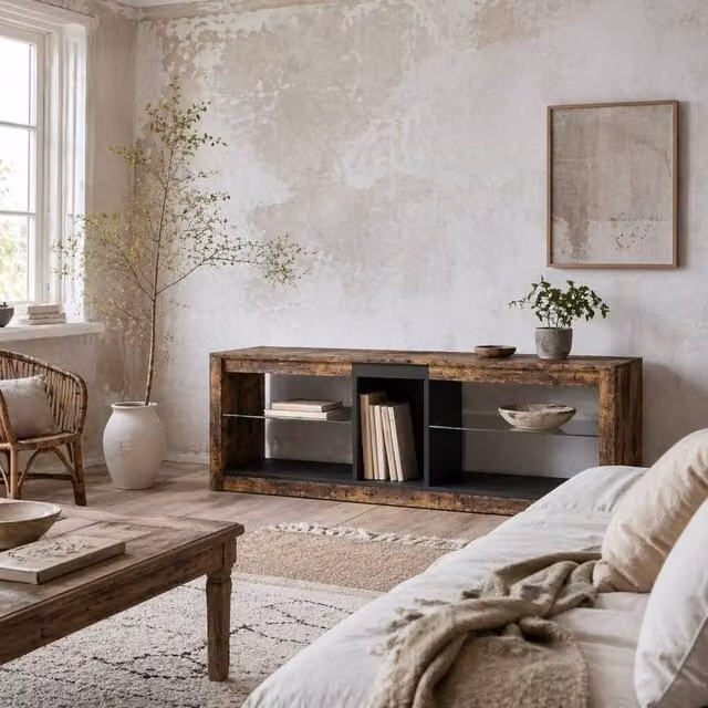 Wyld Haus Kemido Industrial TV Cabinet in Rustic Brown with LED Lighting and Remote Control, Width: 140 cm – 1