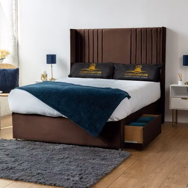 UK Bed Furniture Skyline Wingback Divan Bed with 2 Drawers and 54 Headboard in Brown Velvet, W/D/H: 180 x 200 cm