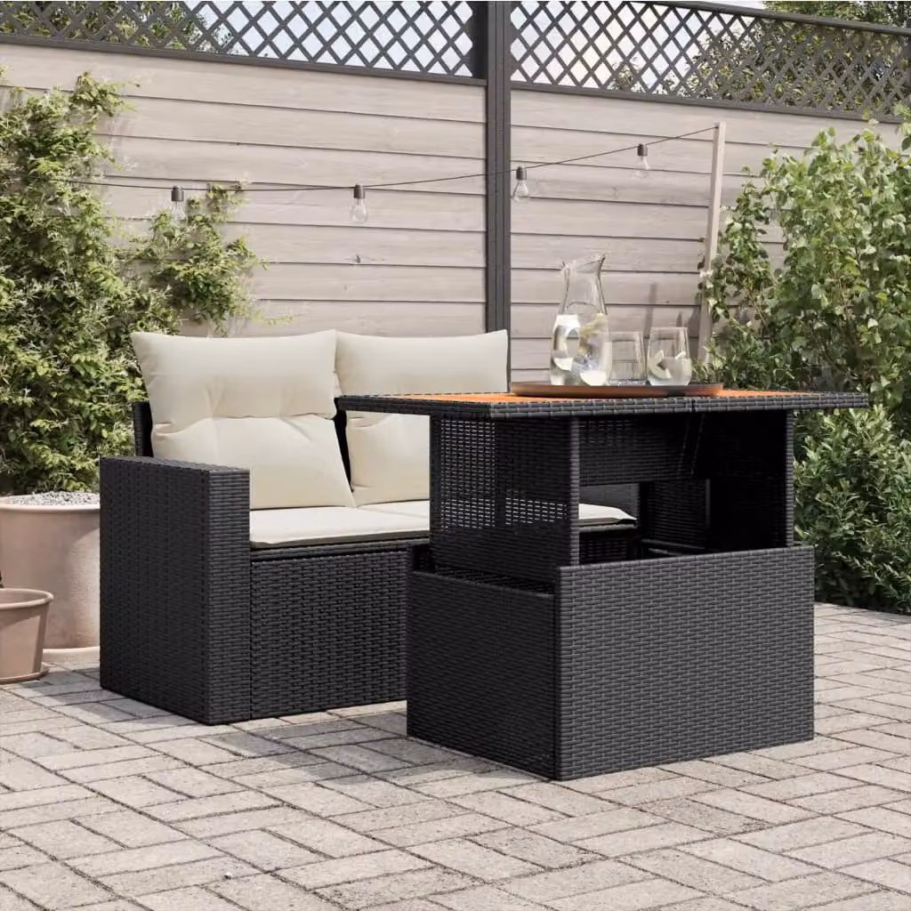 Berkfield Home Black Poly Rattan and Acacia Wood Garden Table W/D/H: 100 x 55 x 73 cm – 3
