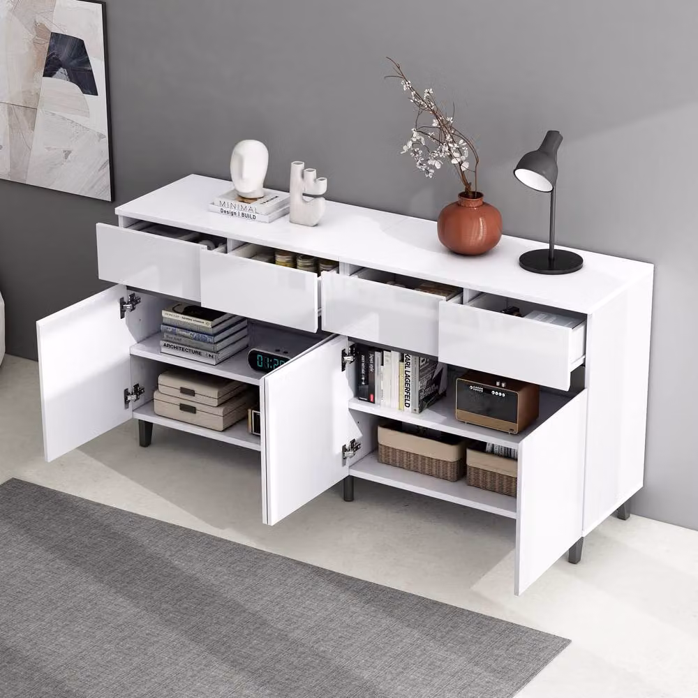 BTM White Glossy Storage Cabinet Sideboard with Drawers, Doors and Adjustable Shelves W/D/H: 160 x 40 x 68 cm – 3