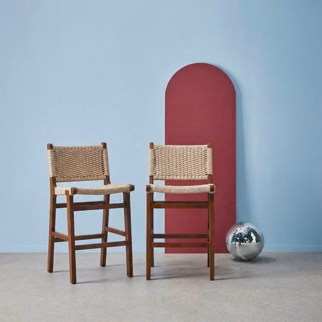 Sweek Set of 2 Scandinavian Rubberwood Bar Stools with Rope Seating in Dark Brown