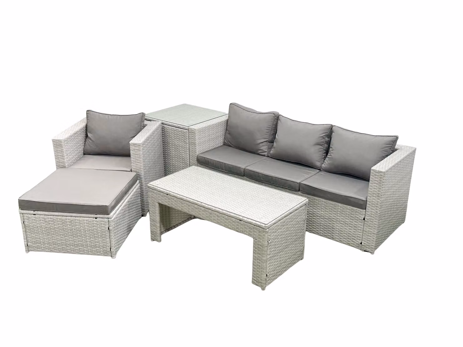 Fimous 5 Seater L-Shape Rattan Garden Furniture Set in Light Grey with Grey Cushions, Coffee Table and Ottoman – 2