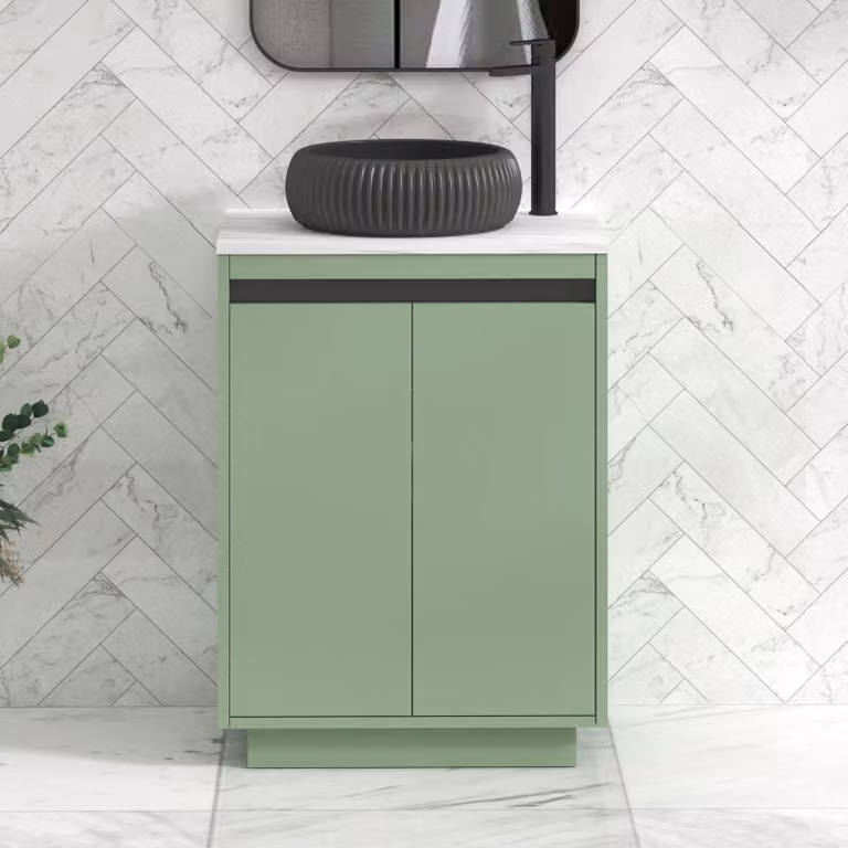 Royal Bathrooms Orion 600mm Mint Sage Floor Standing Countertop Vanity Unit with Milan Black Basin and Black Accent Trim