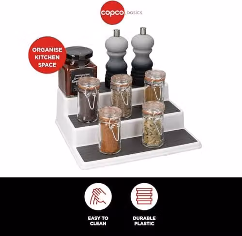 Copco 3-Tier Non-Slip Spice Rack and Cupboard Organiser, White/Grey, W: 25 cm x D: 25 cm x H: 8.5 cm – 2
