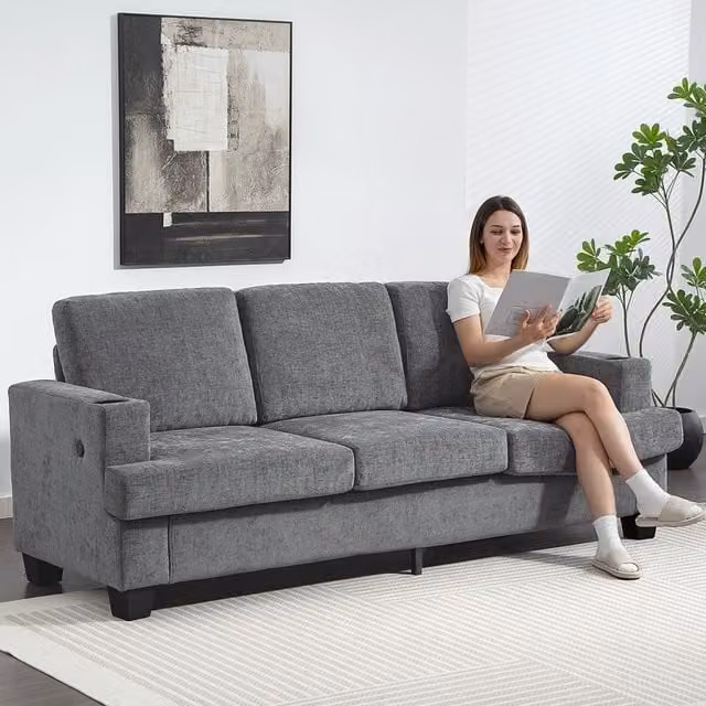 HOMCOM 3 Seater Grey Fabric Sofa with USB Charging Ports and Cup Holders – 1