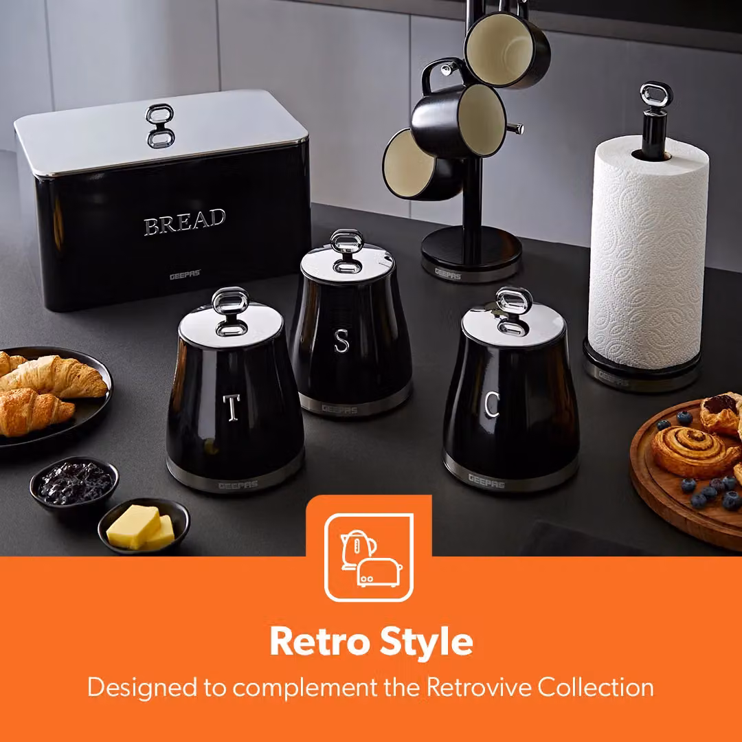 Geepas Retrovive Black Bread Bin 13L and Airtight Canister Set 1.4L – 2