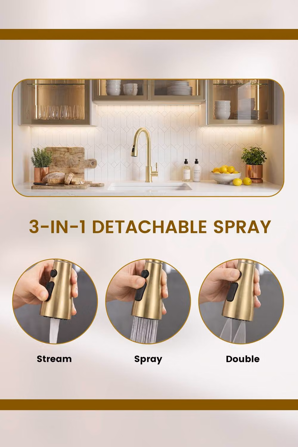 JANLEMNY Brushed Gold Kitchen Mixer Tap with Pull-Out Spray and Swivel Spout – 3