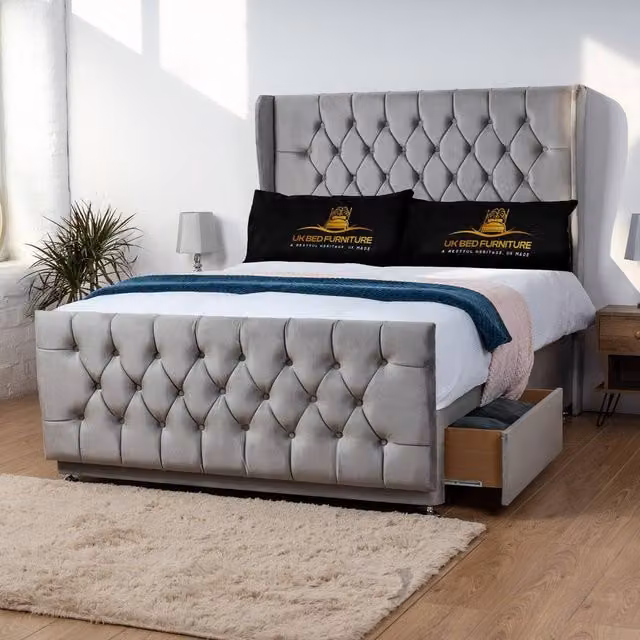 UK Bed Furniture Balamore Grey Fabric Wingback Divan Bed with 54 Inch Headboard and 2 Drawers, Small Double, W/D/H: 120 x 200 x 137.16 cm