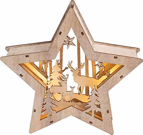Netagon Battery Powered Wooden Light Up Christmas Star in Beige and Multicolour