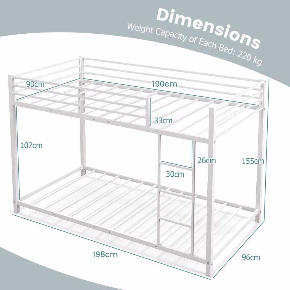 Costway Single Metal Bunk Bed Frame with Ladder and Full-length Guardrails in White, 90 x 200 cm – 2
