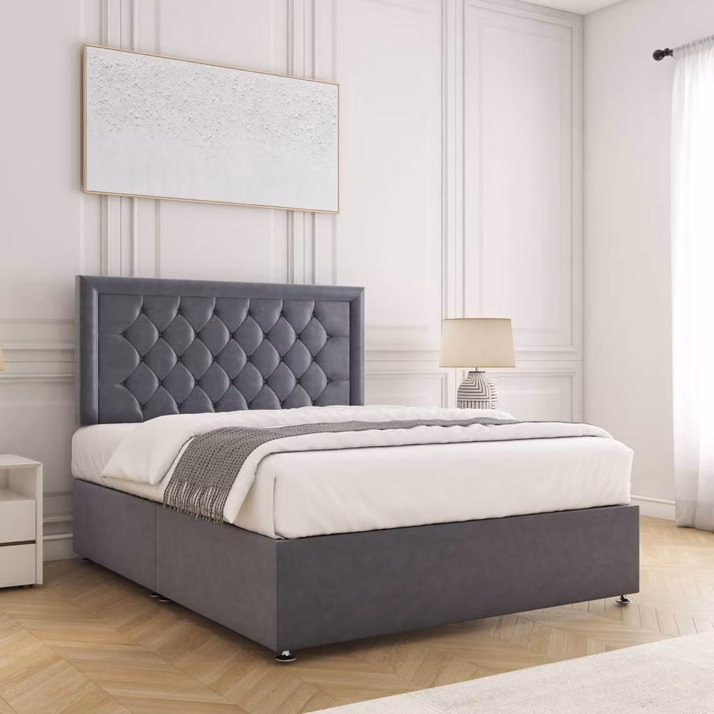 BSSPOKE Nova Plush Velvet Divan Bed Set with 24 inch Headboard and Mattress in Charcoal Grey, Double Size (W: 140 cm, L: 200 cm) – 2