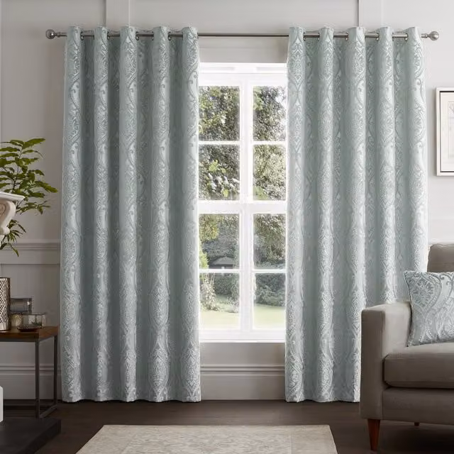 Curtina Chateau Embossed Jacquard Ready Made Eyelet Curtains in Duck Egg Blue
